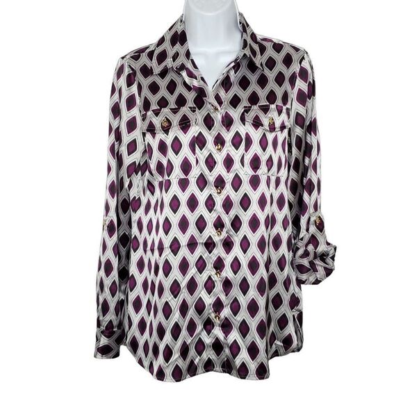 Jones New York Button Up Blouse Sz S Tab Sleeve Secretary Geometric Purple Gray - Picture 1 of 6